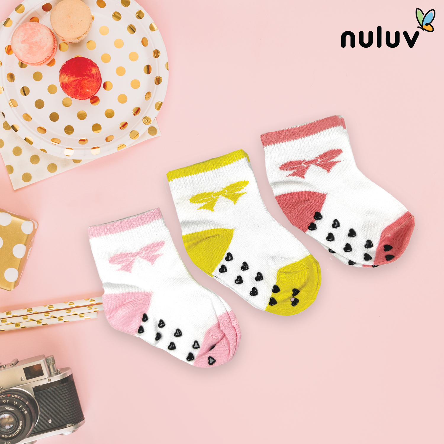 Nuluv Infant Girl Socks – Anti Skid, Pack of 3