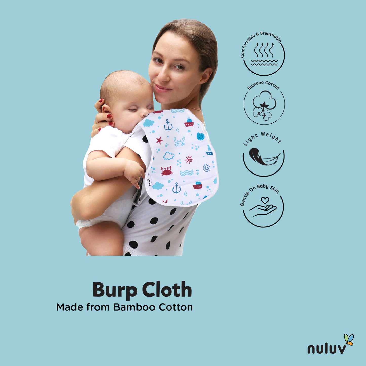Nuluv Bamboo Cotton Burp Cloths, Soft & Gentle for Baby’s Sensitive Skin, Highly Absorbent & Quick-Dry, Reusable, Pack of 2