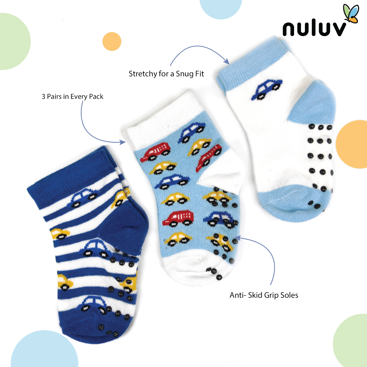 Nuluv Infant Boys Socks – Anti Skid, Pack of 3