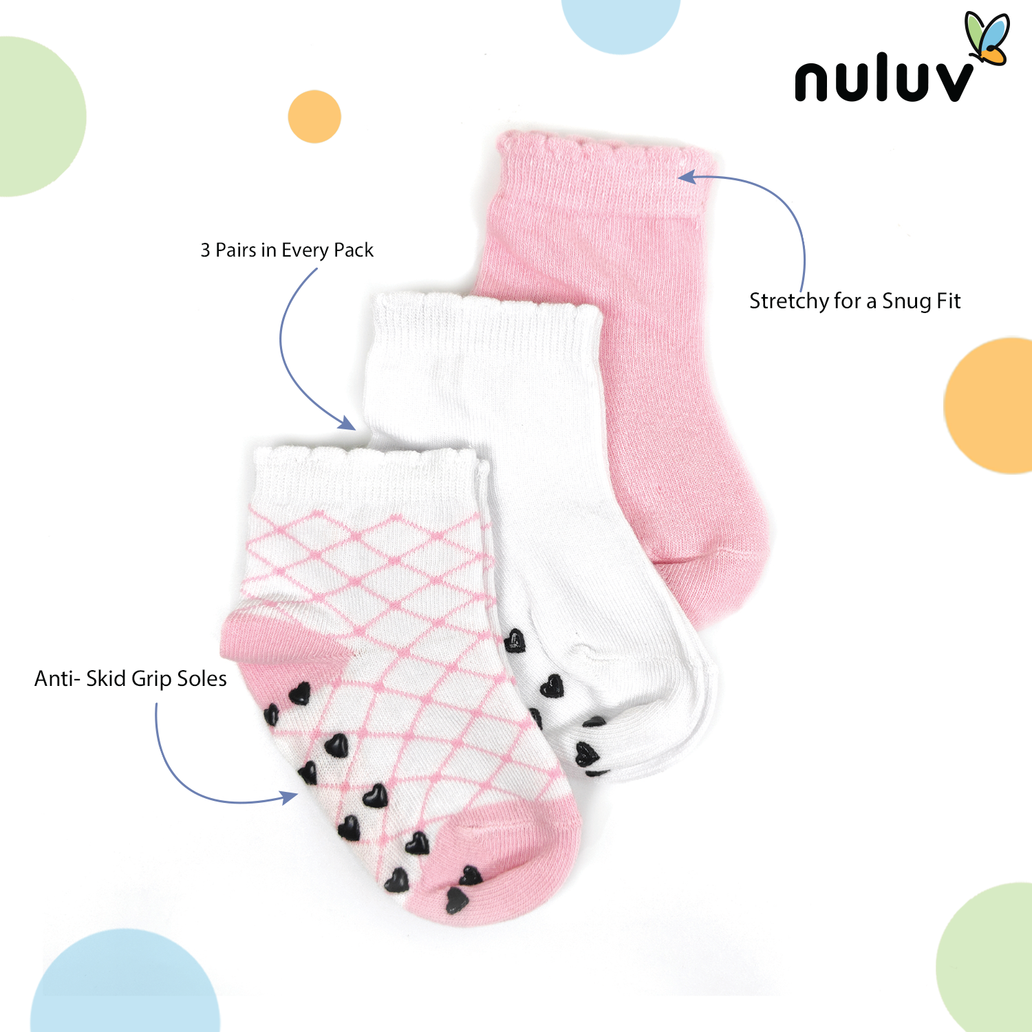 Nuluv Infant Girl Socks – Anti Skid, Pack of 3