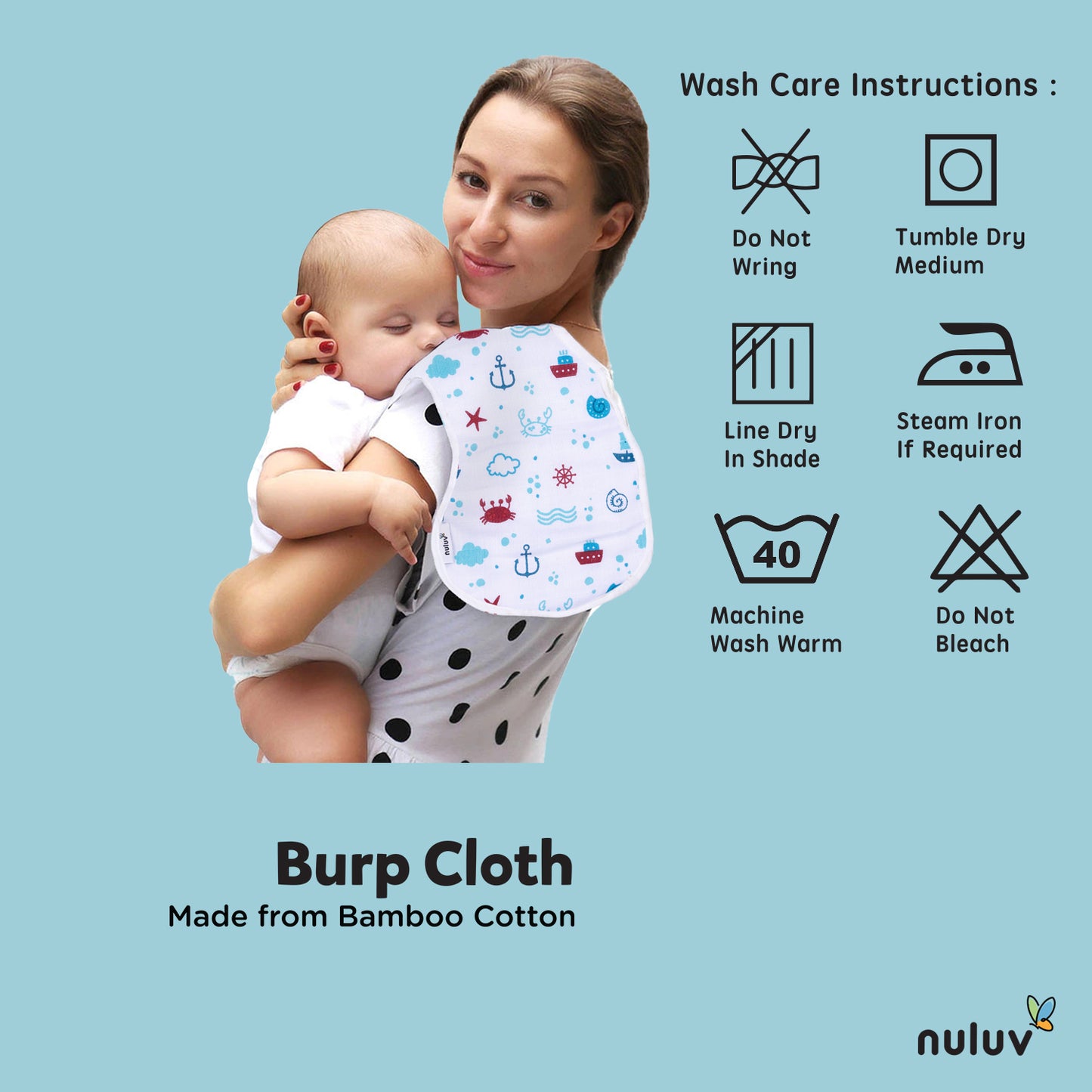 Nuluv Bamboo Cotton Burp Cloths, Soft & Gentle for Baby’s Sensitive Skin, Highly Absorbent & Quick-Dry, Reusable, Pack of 2