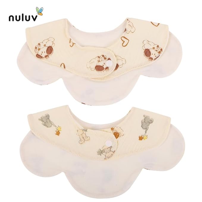 Nuluv Baby Bibs, Soft, Quick-Drying and Gentle for Sensitive Skin, Snap Button Closure, Reusable and Highly Absorbent, Made with 100% Muslin Cotton, 0+ Months, Multi on Off-White Base, Pack of 2