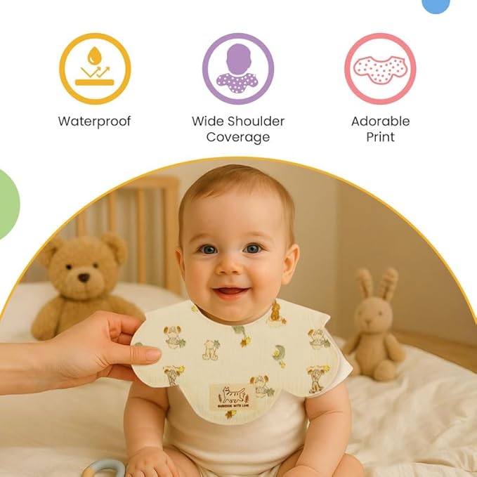 Nuluv Baby Bibs, Soft, Quick-Drying and Gentle for Sensitive Skin, Snap Button Closure, Reusable and Highly Absorbent, Made with 100% Muslin Cotton, 0+ Months, Multi on Off-White Base, Pack of 2