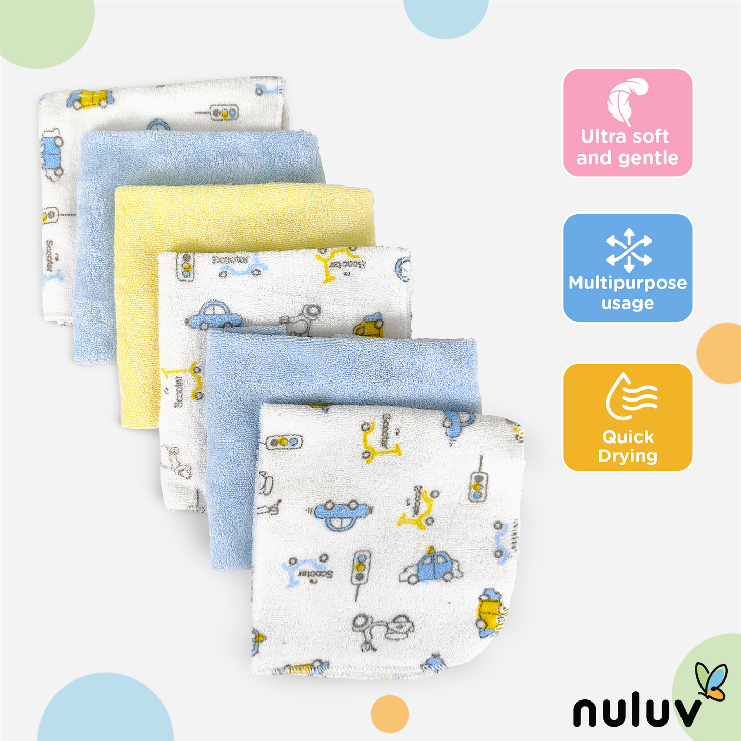 Nuluv Printed baby napkins for Boys - Pack of 6
