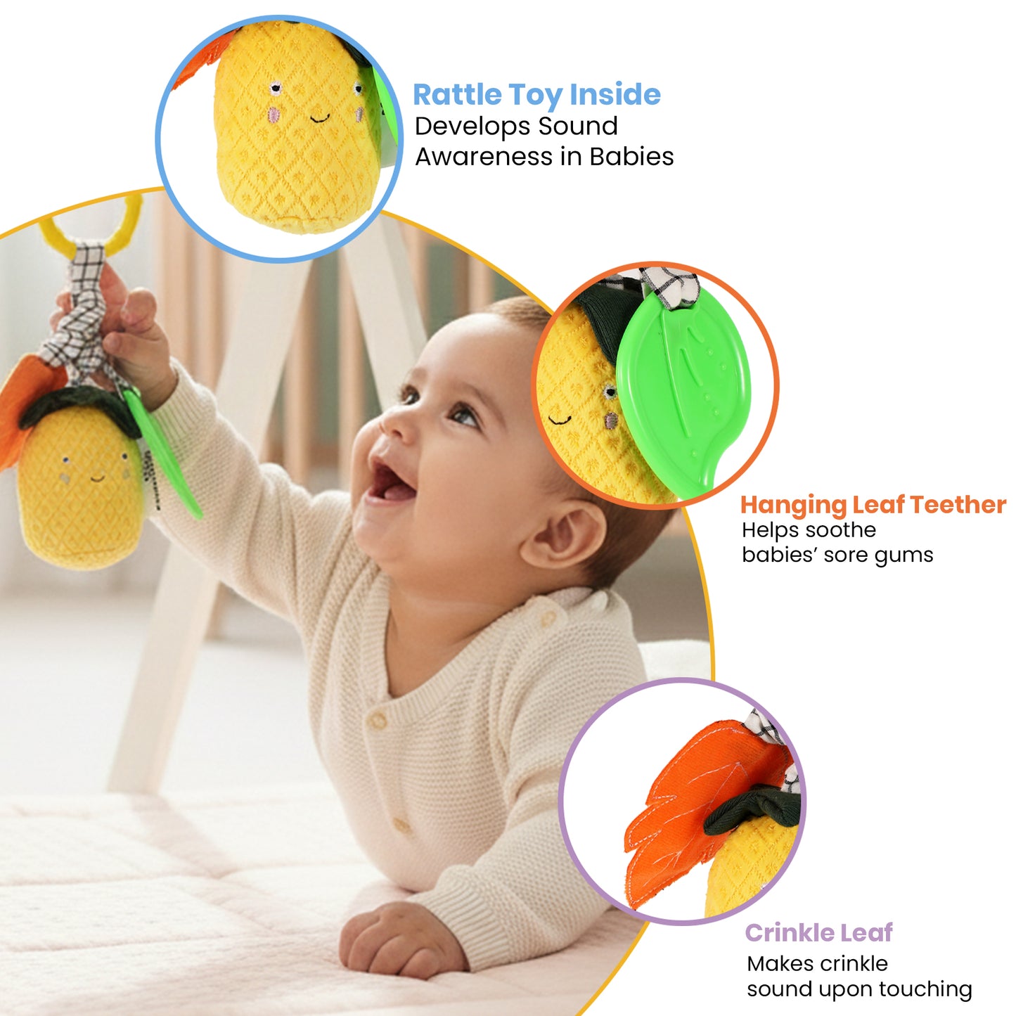 Nuluv Pineapple Baby Rattle – Soft Teether & Crinkle Toy, BPA-Free, 3+ Months