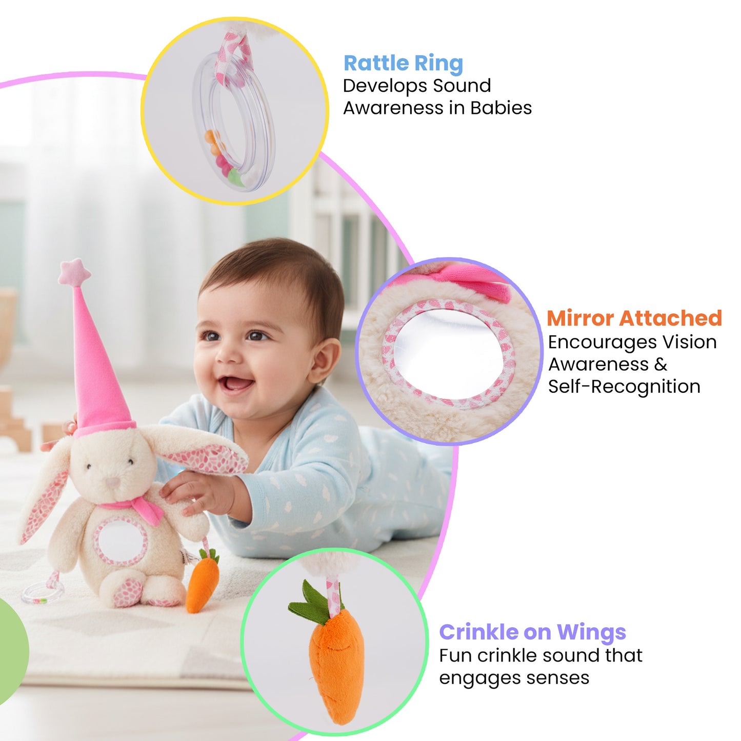 Nuluv Soft Bunny Ring Rattle Toy for Baby with Mirror & Crinkle, Early Development Sensory Toy