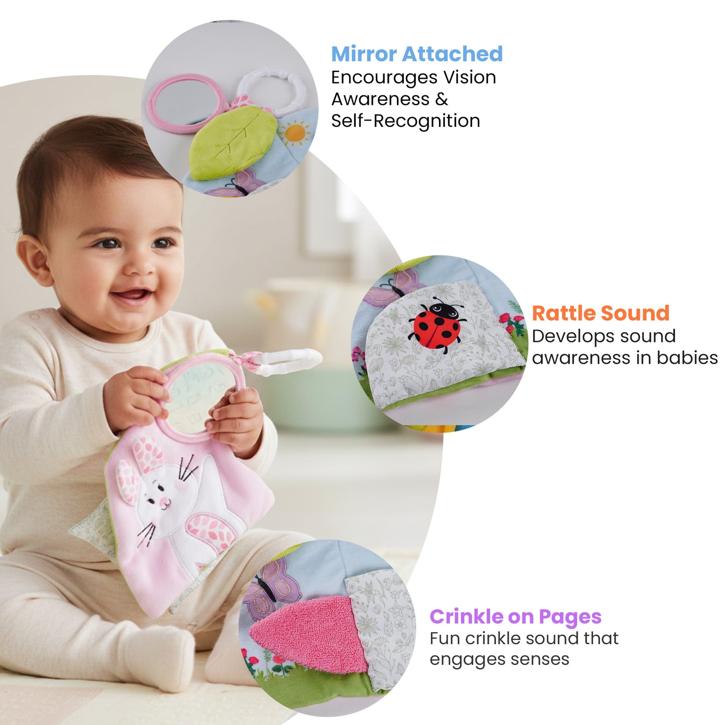 Soft Book for Babies, Crinkle Sensory With Rattle Sound Cloth, Soft Touch-and-Feel Fabric Book