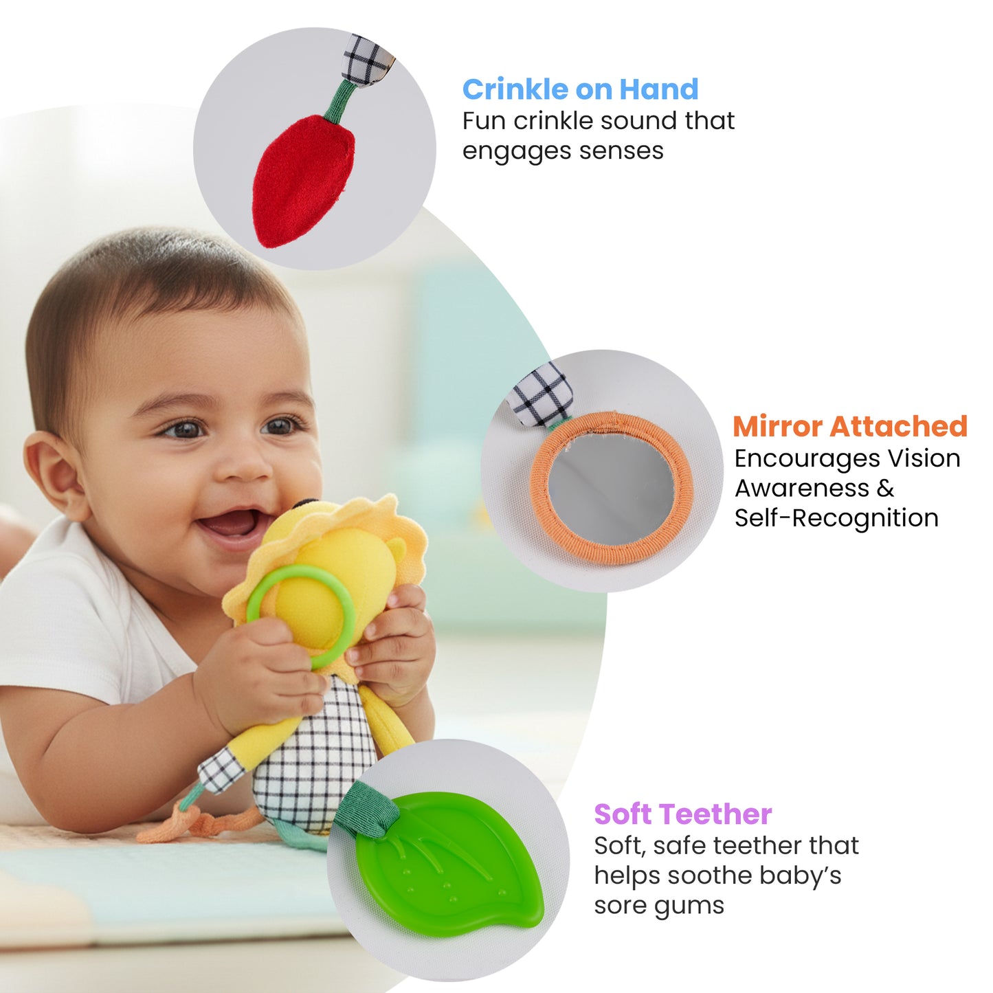 Nuluv Lino Rattle Buddy Stroller Toys with Crinkle, Teether, Mirror  For Baby