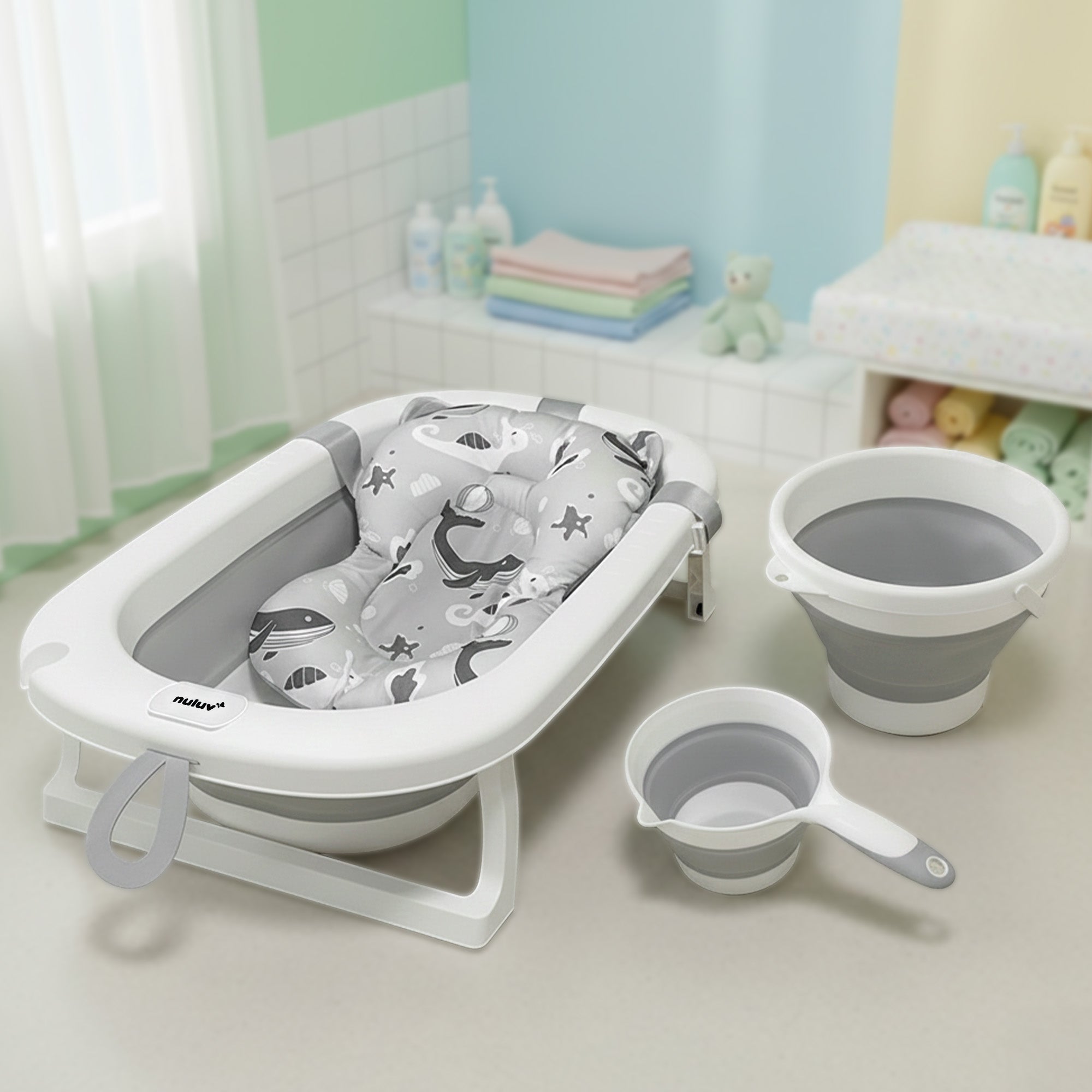 4-in-1 Foldable Baby Bath Tub Set With  Sling, Folding Bucket and Rinser
