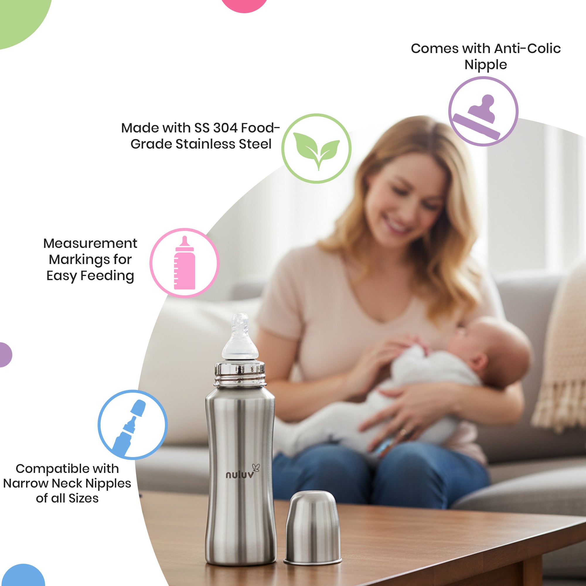 Nuluv Nourish+ Stainless Steel Baby Feeding Bottle