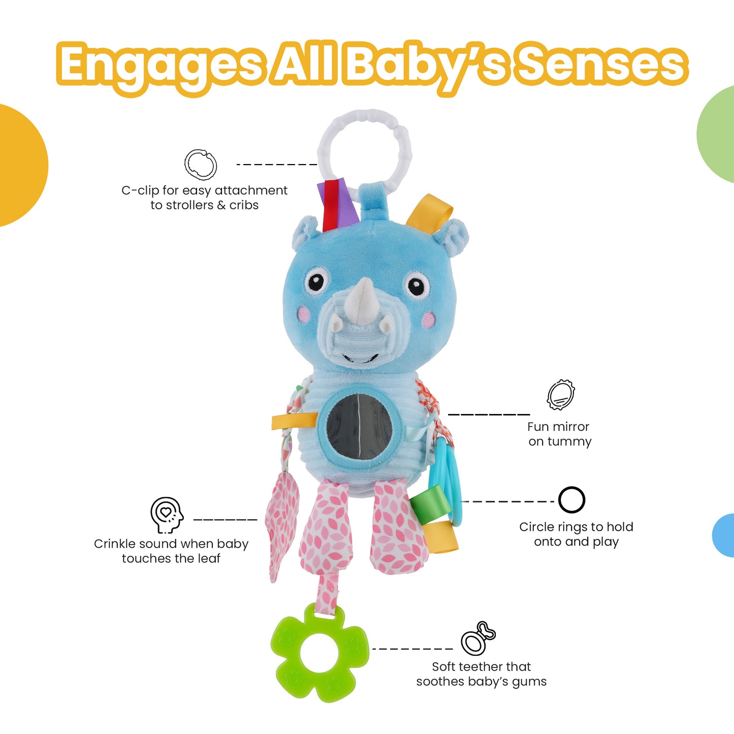 Nuluv Activity Rhino Baby Plush Sensory Stroller Toy with Teether, Crinkle Leaf & Mirror