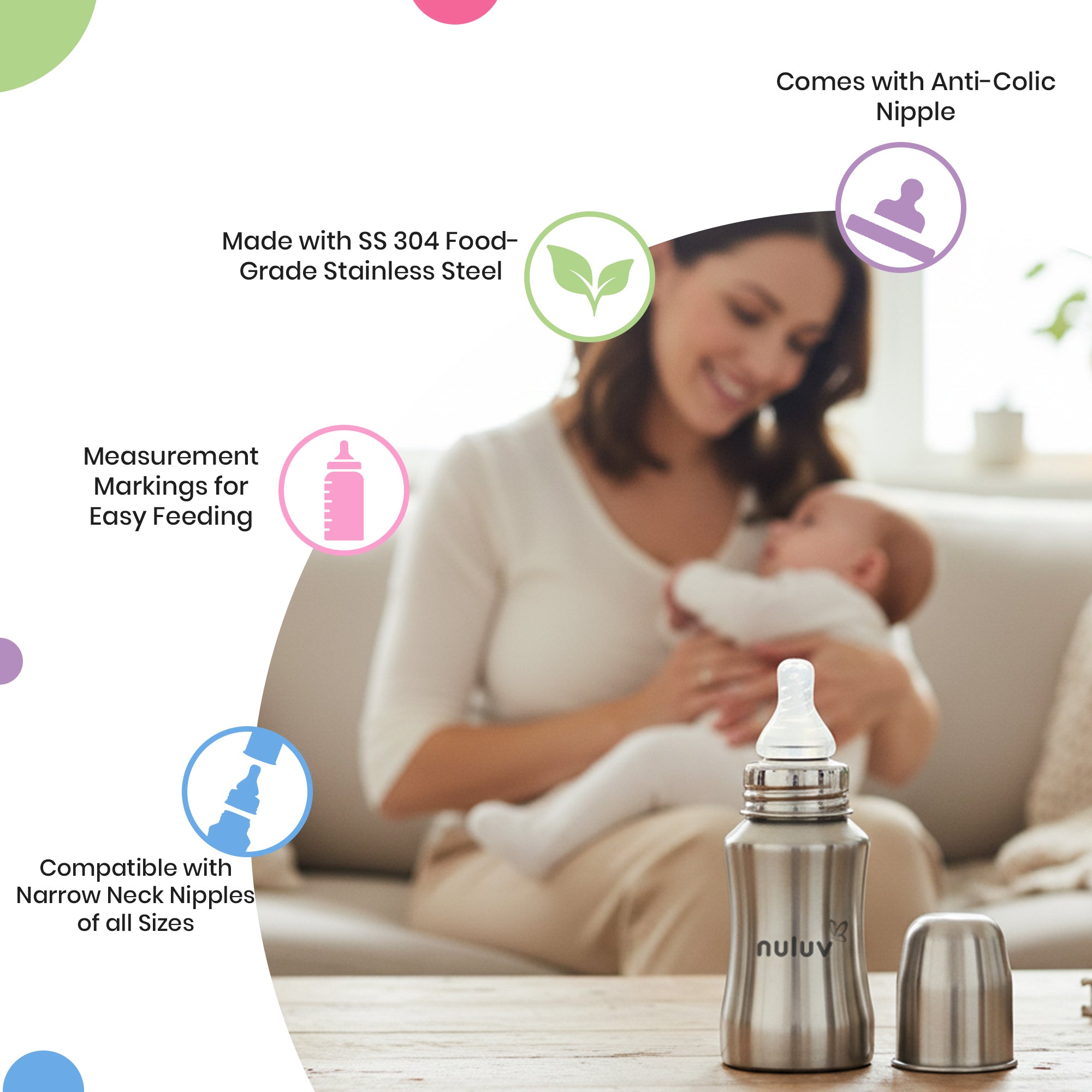 Nuluv Nourish+ Stainless Steel Feeding Bottle 140ml
