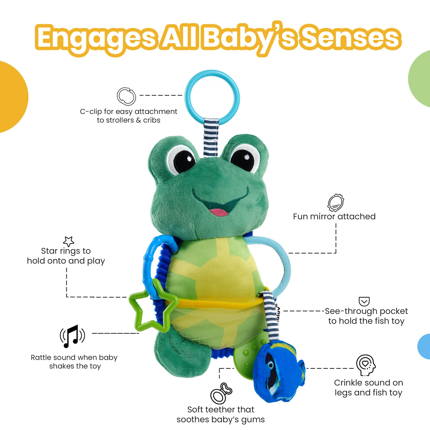 Activity Toad Baby Toy, Crinkle Fish, Mirror, Teethers Stroller Toy for Babies