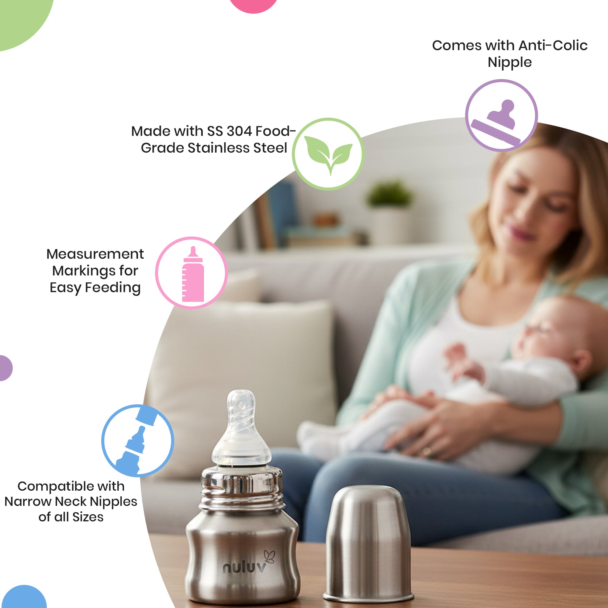 Nuluv Nourish+ Stainless Steel Feeding Bottle 60ml