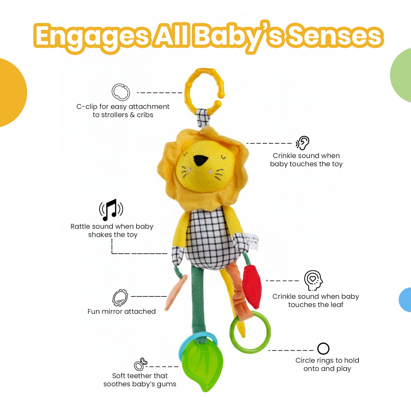 Nuluv Lino Rattle Buddy Stroller Toys with Crinkle, Teether, Mirror  For Baby