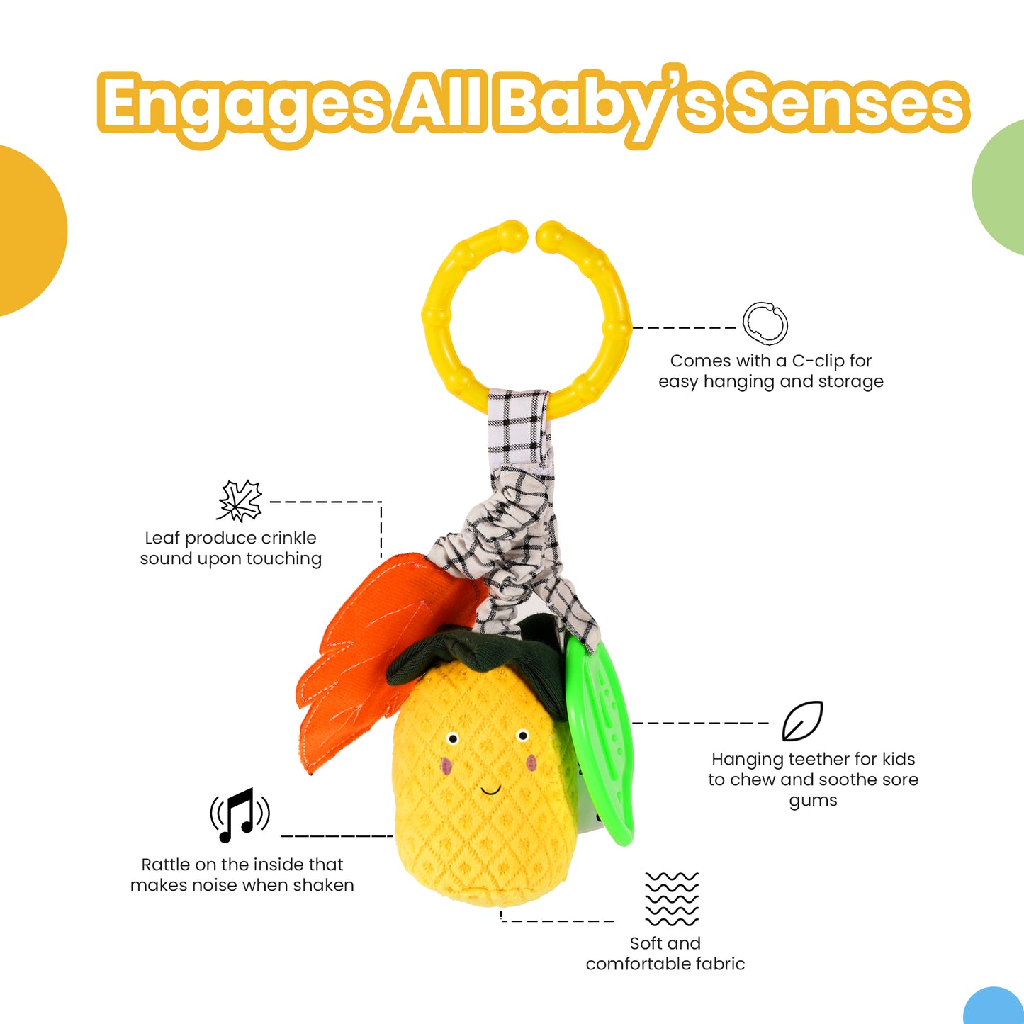 Nuluv Pineapple Baby Rattle – Soft Teether & Crinkle Toy, BPA-Free, 3+ Months