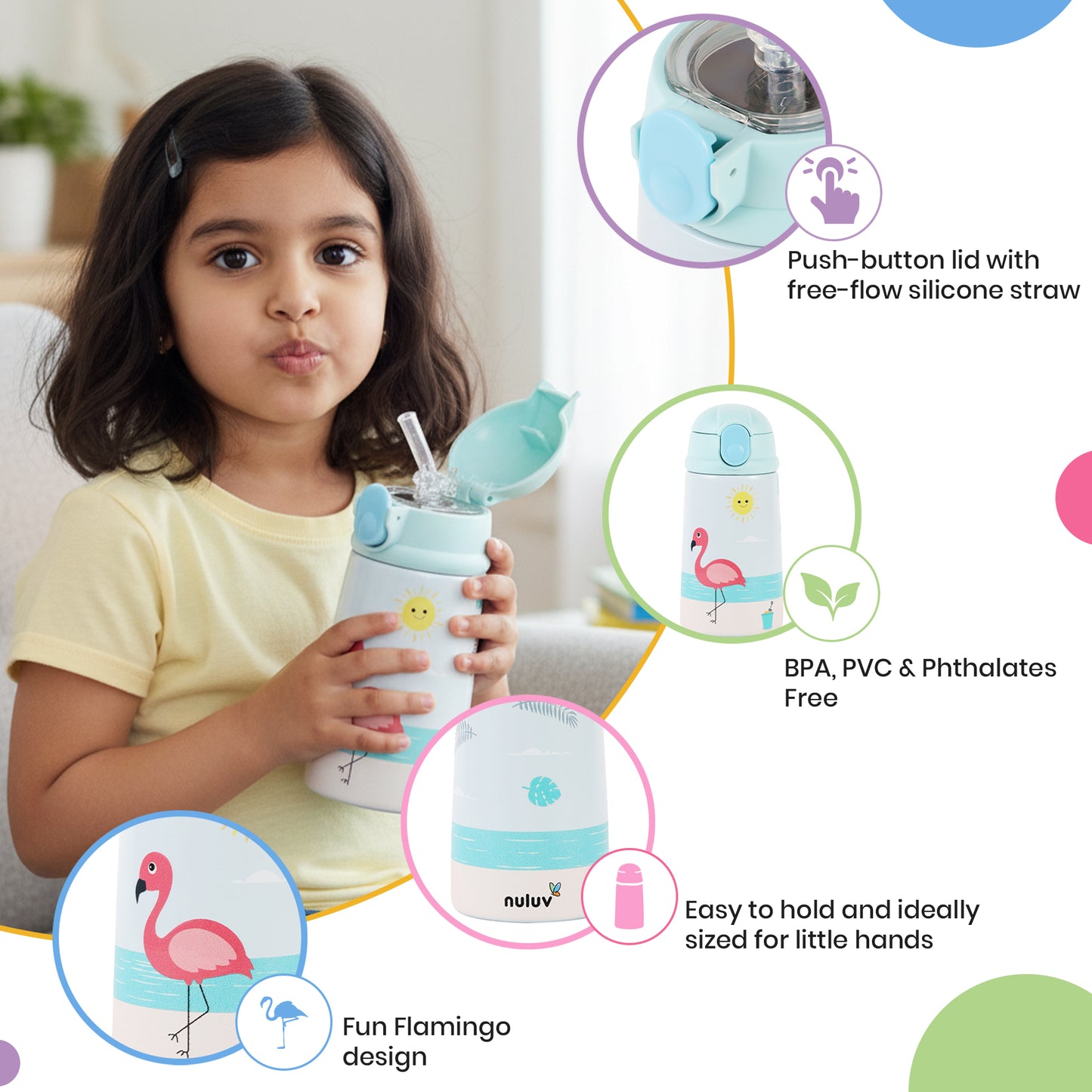 Nuluv Insulated Stainless Steel Straw Sipper For Baby Weaning and Feeding Flamingo 12 Month+