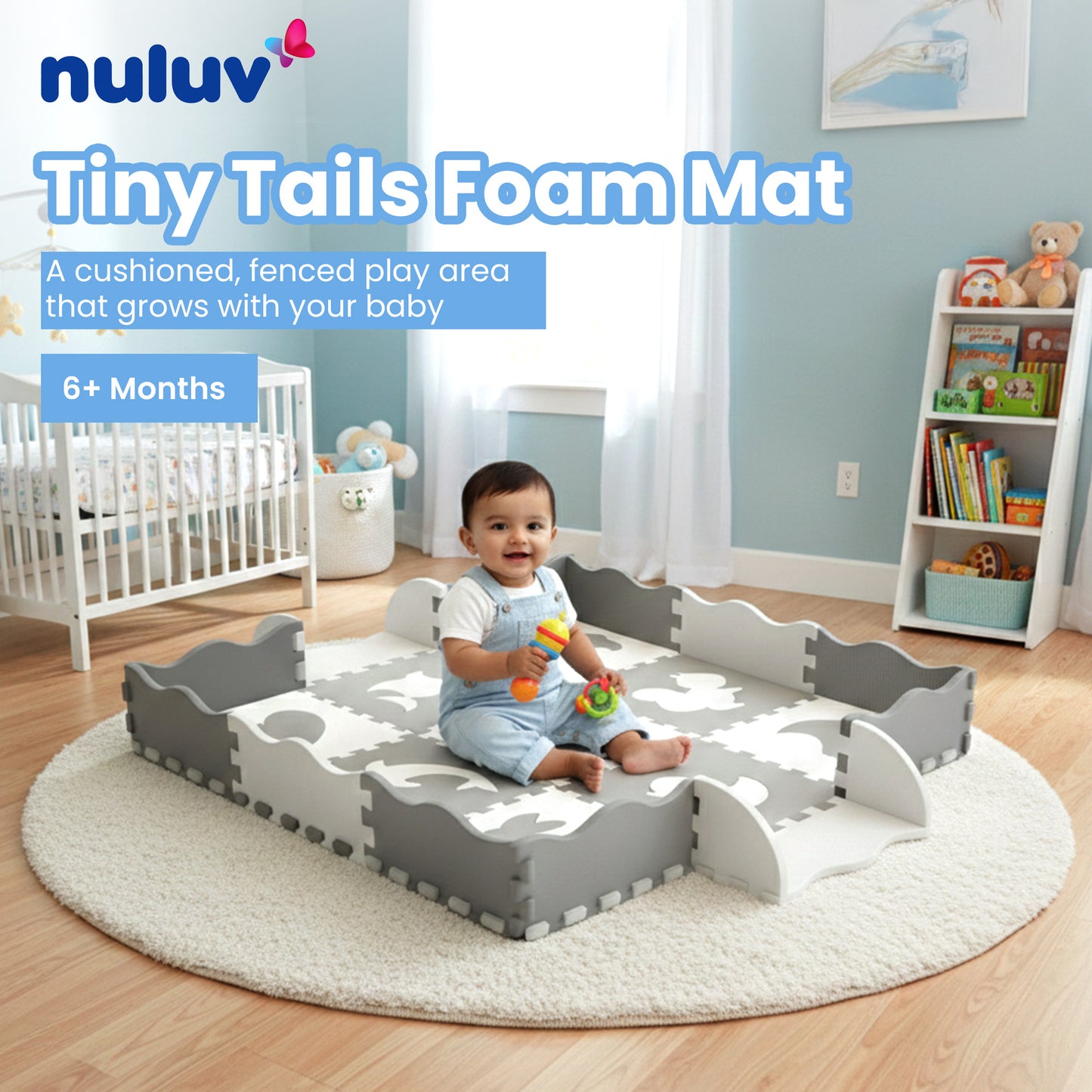 Nuluv Tiny Tails Soft Foam Play Mat with Safety Fence – EVA Interlocking Baby Floor Mat