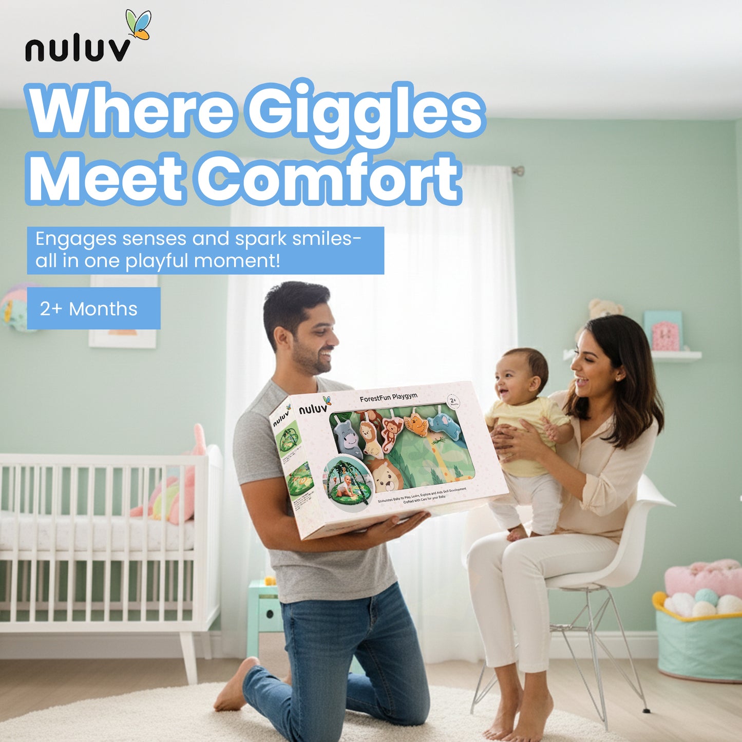 Nuluv ForestFun Playgym for Babies, Soft and Breathable Baby Play Mat with Hanging Crinkles, Squeaker, and Rattles, Foldable, Washable and Non-Toxic Play Gym, for Infants 2+ Months