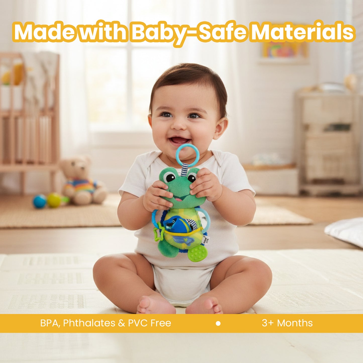 Activity Toad Baby Toy, Crinkle Fish, Mirror, Teethers Stroller Toy for Babies