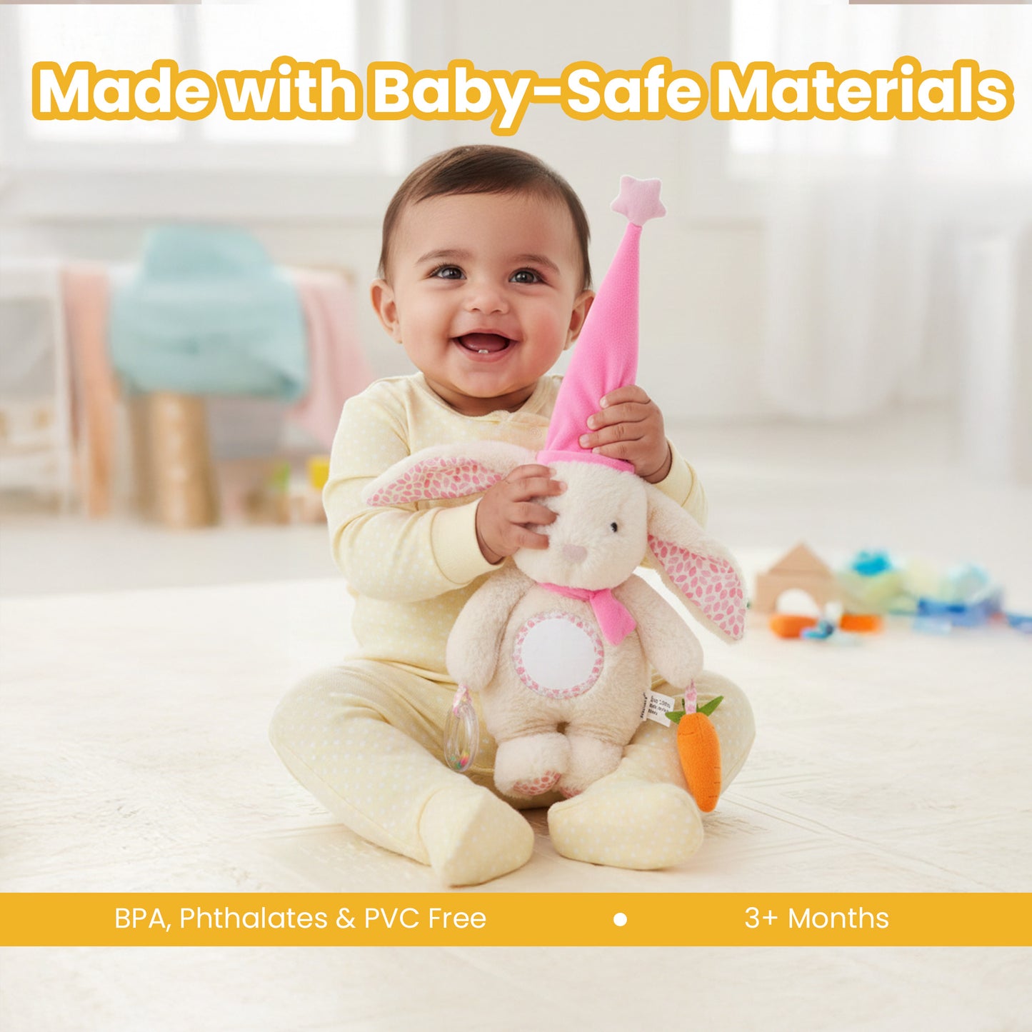 Nuluv Soft Bunny Ring Rattle Toy for Baby with Mirror & Crinkle, Early Development Sensory Toy