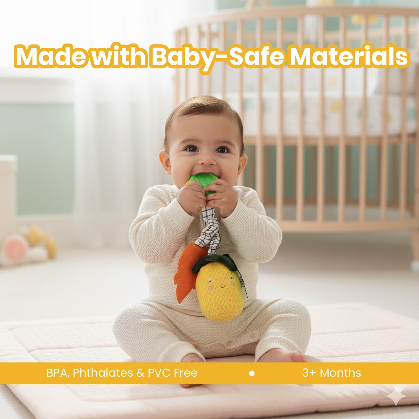 Nuluv Pineapple Baby Rattle – Soft Teether & Crinkle Toy, BPA-Free, 3+ Months