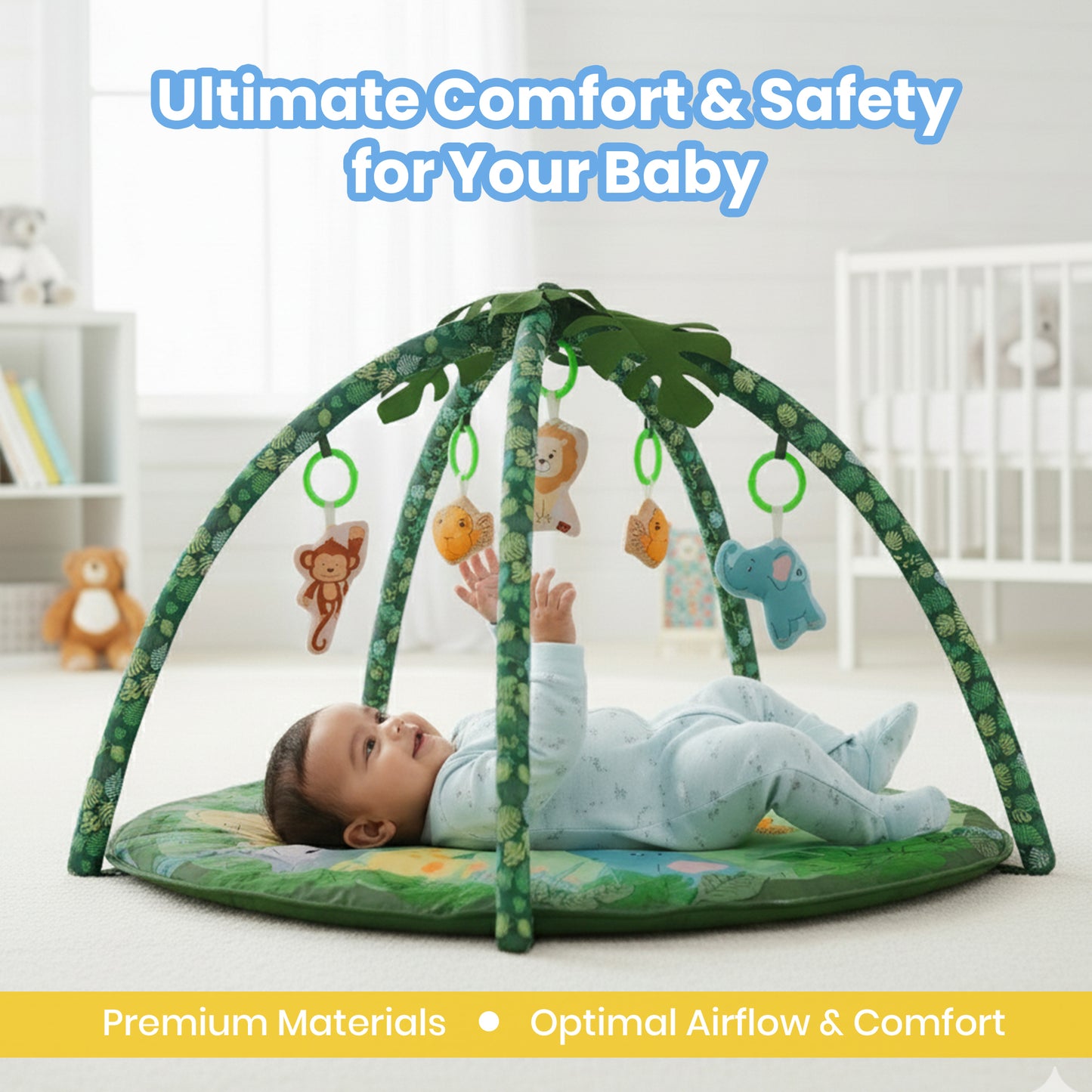 Nuluv ForestFun Playgym for Babies, Soft and Breathable Baby Play Mat with Hanging Crinkles, Squeaker, and Rattles, Foldable, Washable and Non-Toxic Play Gym, for Infants 2+ Months