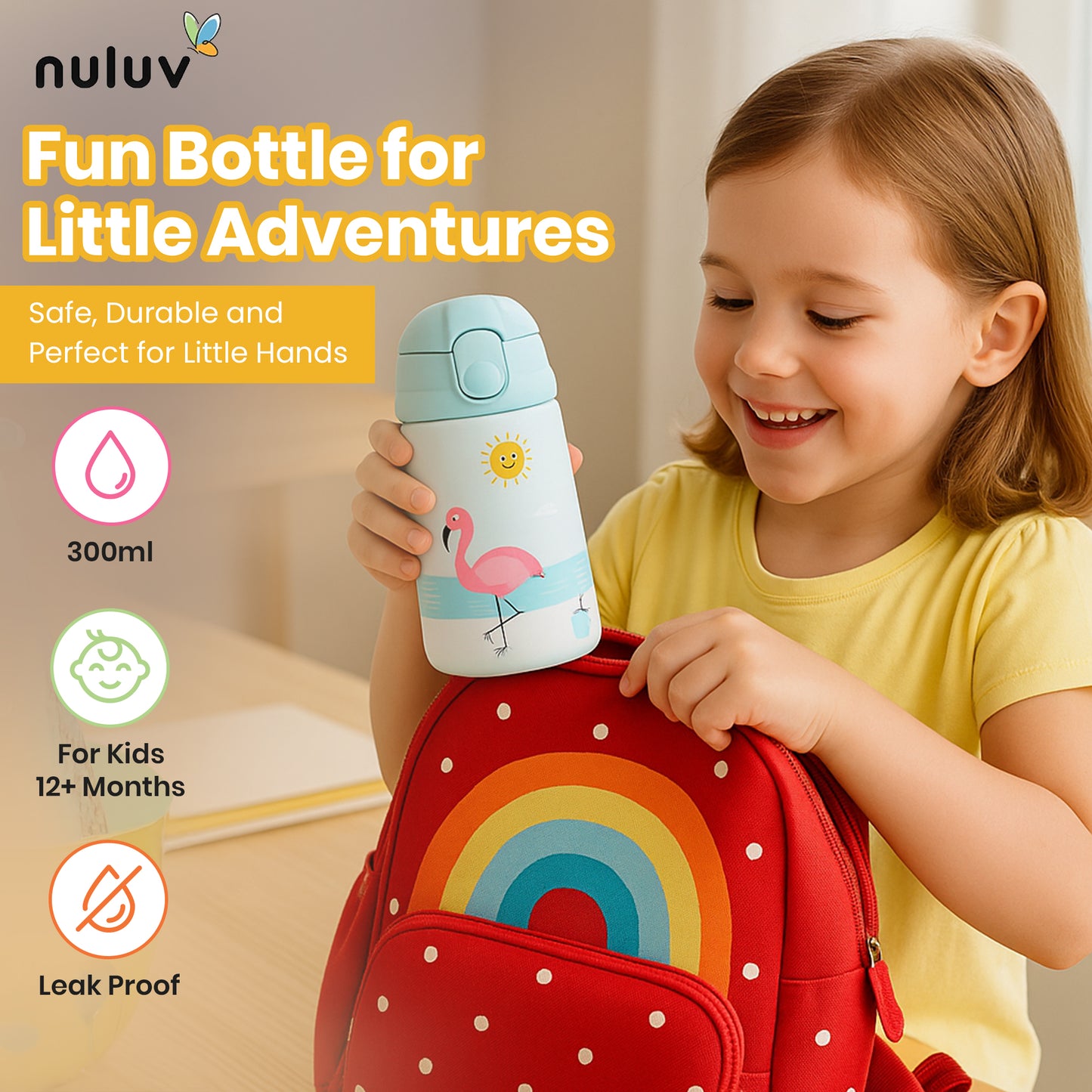 Nuluv Insulated Stainless Steel Straw Sipper For Baby Weaning and Feeding Flamingo 12 Month+