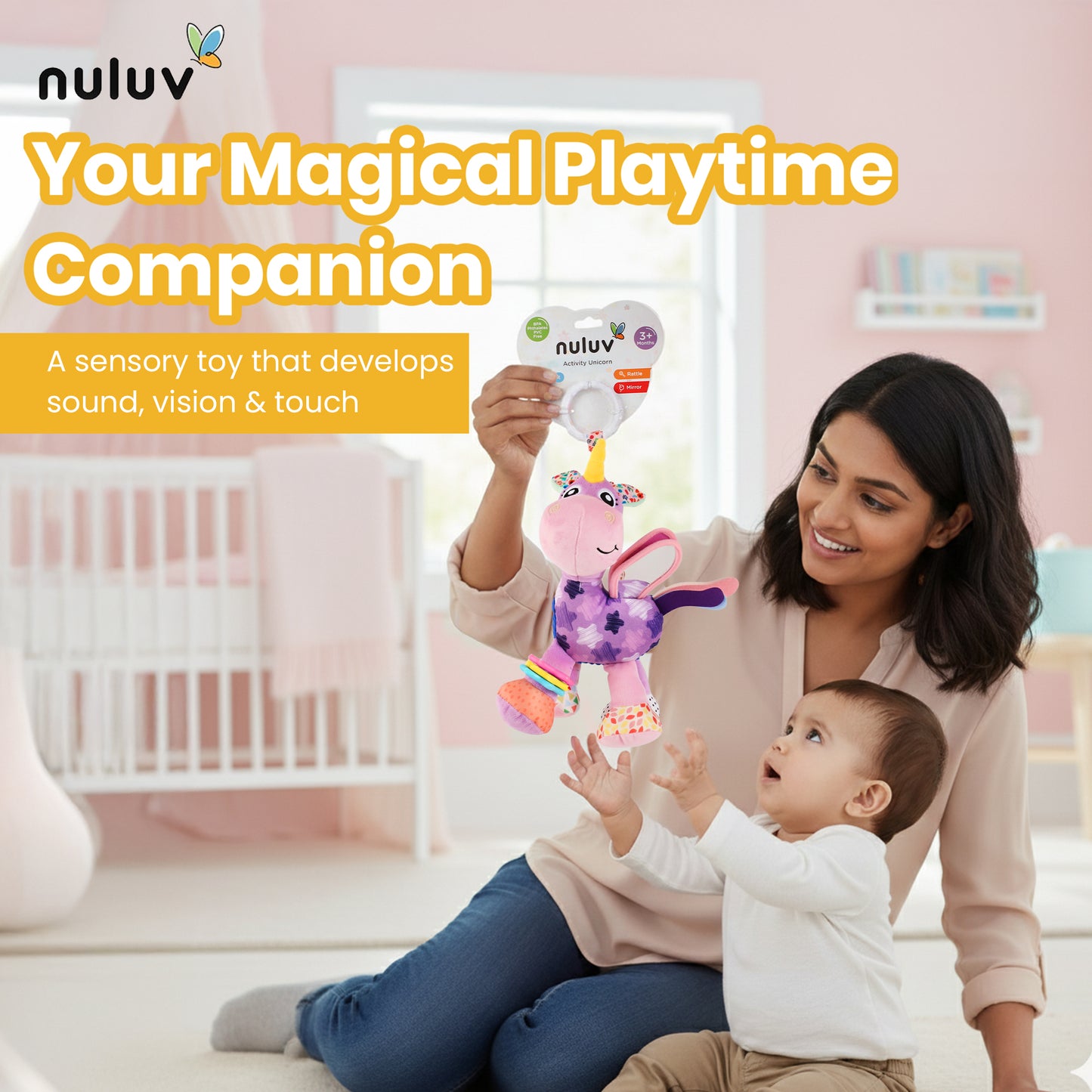 Nuluv Activity Unicorn – Soft Rattle & Crinkle Toy, 3+ Months
