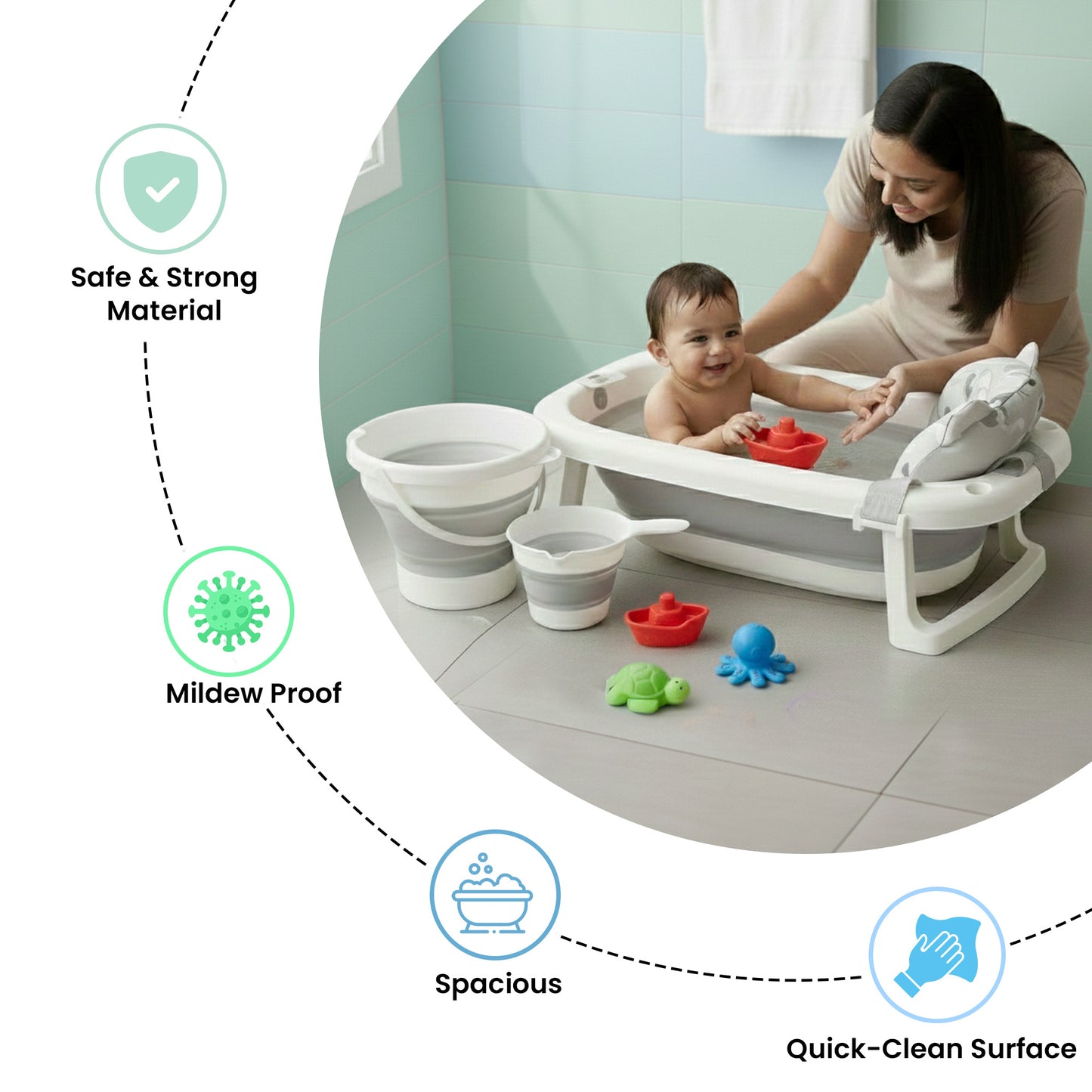 4-in-1 Foldable Baby Bath Tub Set With  Sling, Folding Bucket and Rinser