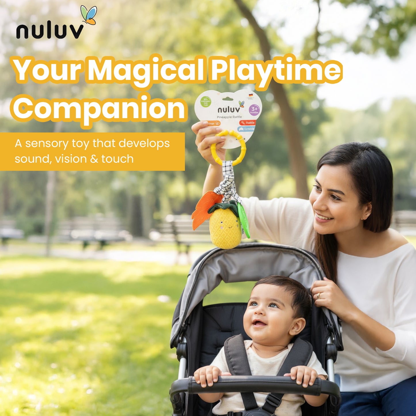 Nuluv Pineapple Baby Rattle – Soft Teether & Crinkle Toy, BPA-Free, 3+ Months