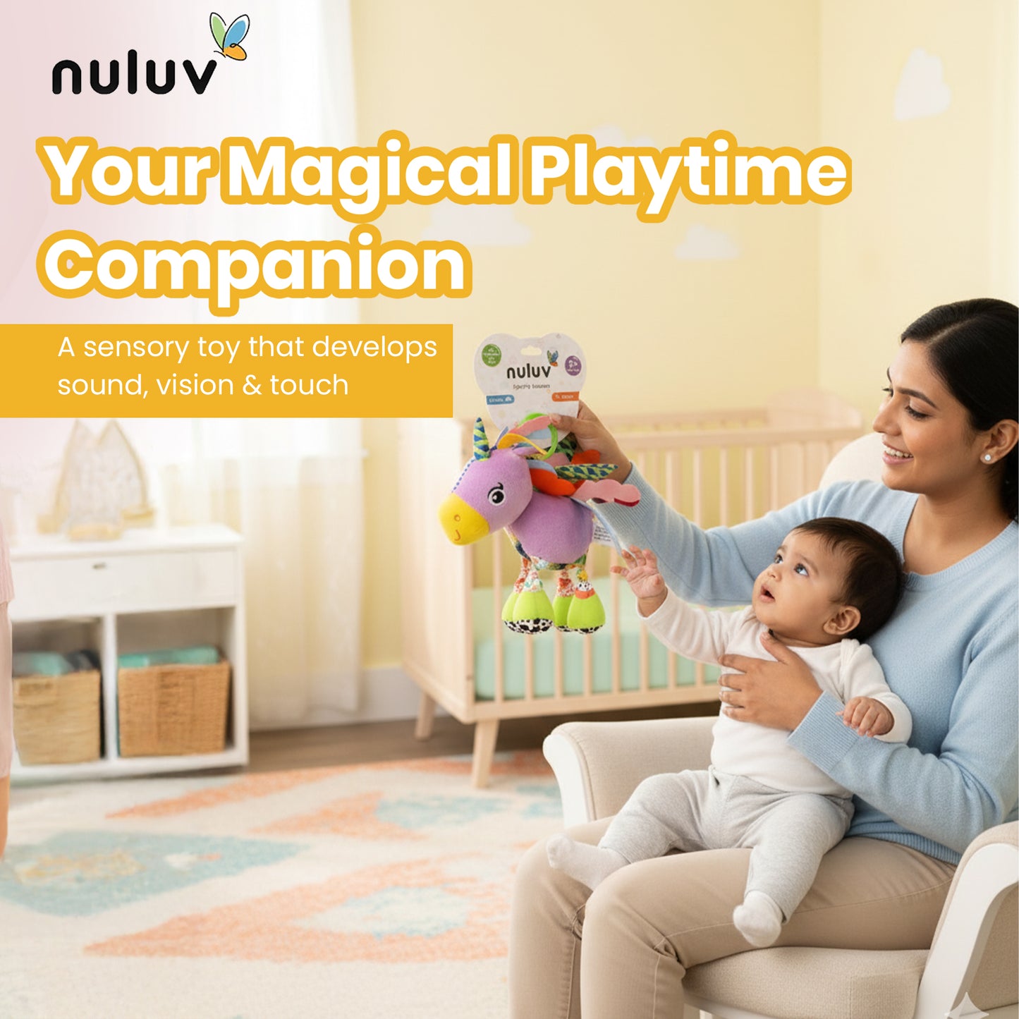 Nuluv Sparkly Unicorn Baby Toy – Rattle & Sensory Plush, 3+ Months