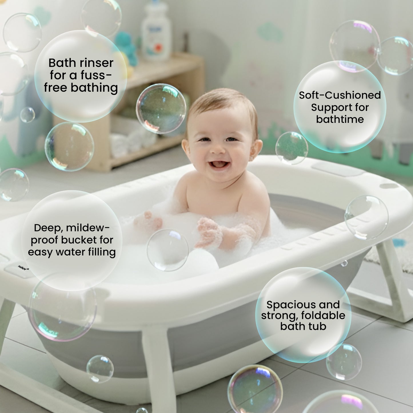 4-in-1 Foldable Baby Bath Tub Set With  Sling, Folding Bucket and Rinser