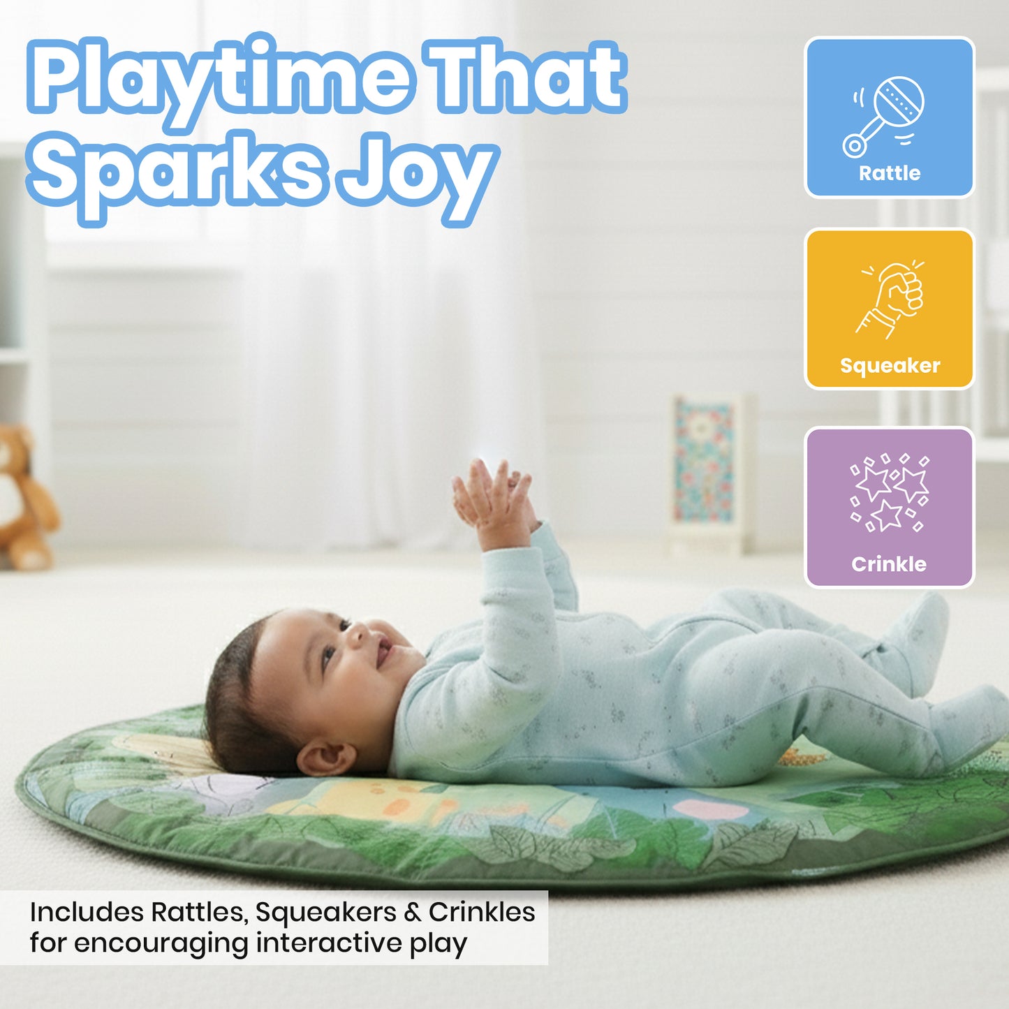 Nuluv ForestFun Playgym for Babies, Soft and Breathable Baby Play Mat with Hanging Crinkles, Squeaker, and Rattles, Foldable, Washable and Non-Toxic Play Gym, for Infants 2+ Months