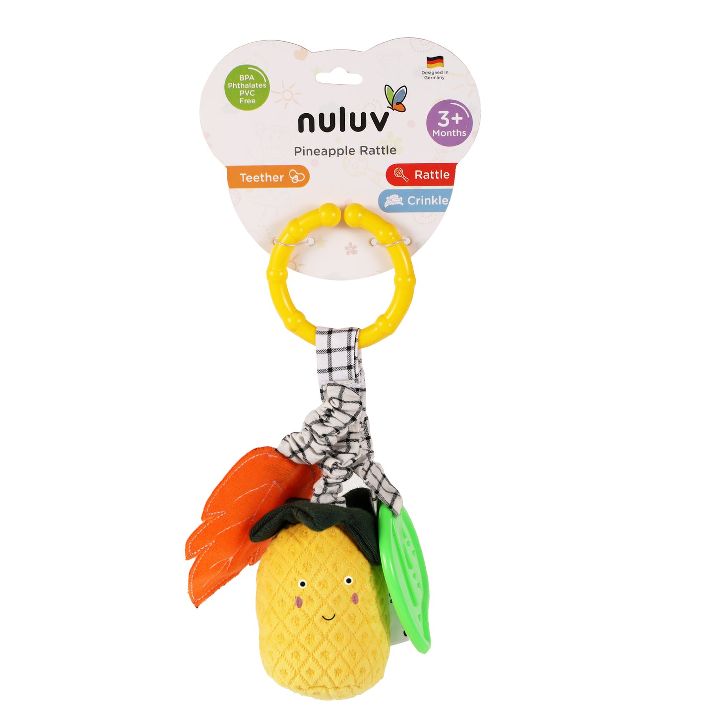 Nuluv Pineapple Baby Rattle – Soft Teether & Crinkle Toy, BPA-Free, 3+ Months