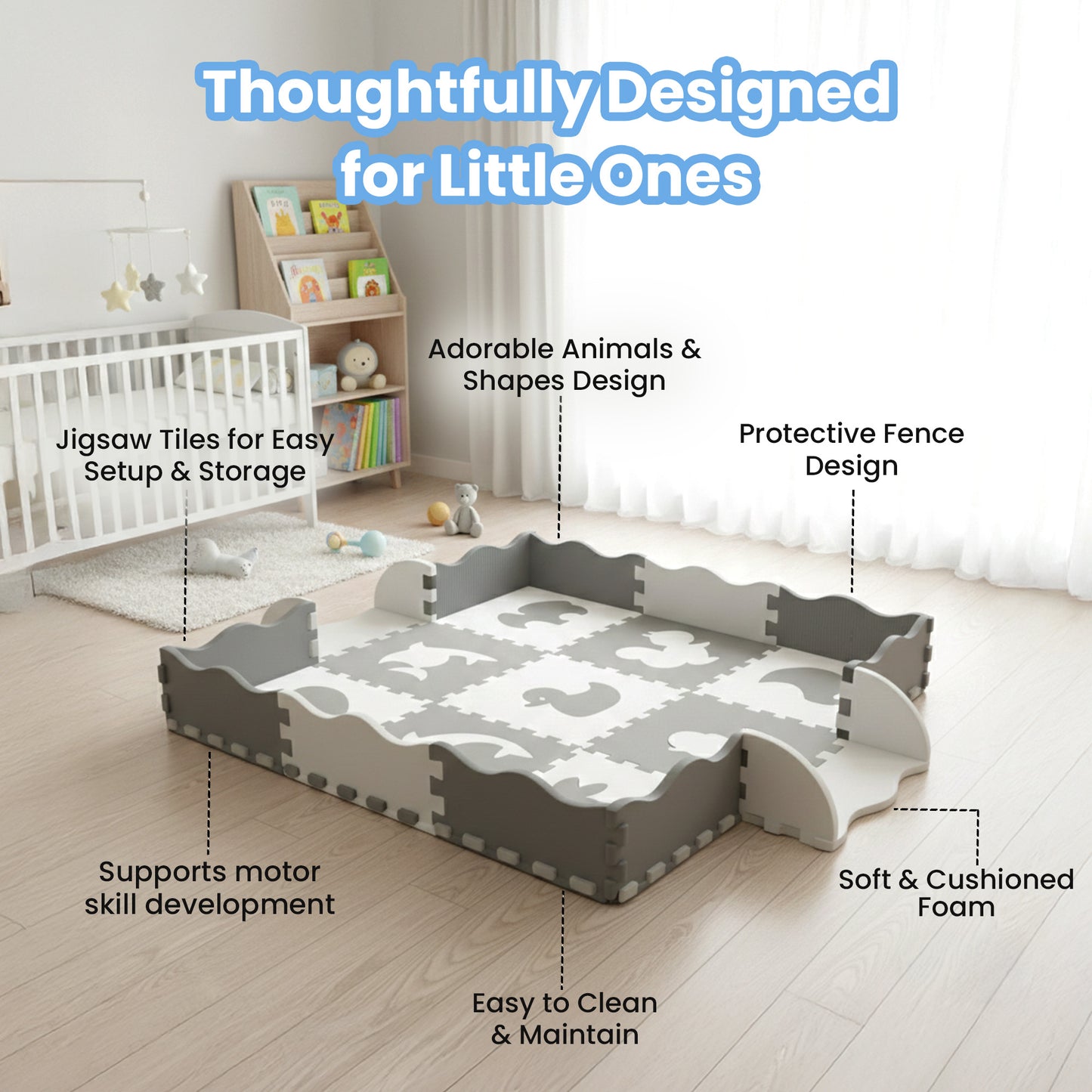 Nuluv Tiny Tails Soft Foam Play Mat with Safety Fence – EVA Interlocking Baby Floor Mat