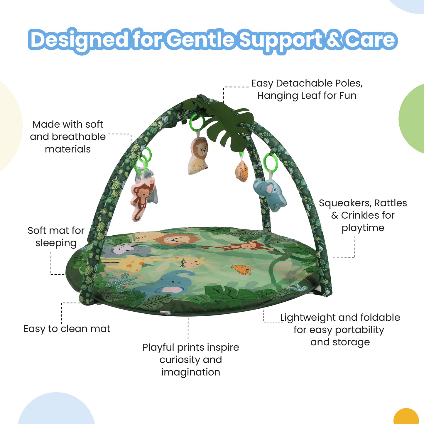 Nuluv ForestFun Playgym for Babies, Soft and Breathable Baby Play Mat with Hanging Crinkles, Squeaker, and Rattles, Foldable, Washable and Non-Toxic Play Gym, for Infants 2+ Months
