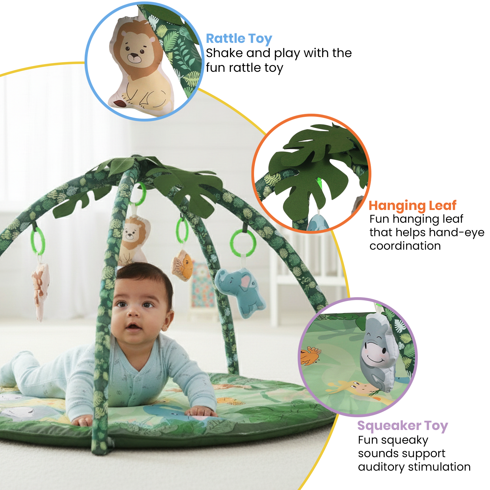 Nuluv ForestFun Playgym for Babies, Soft and Breathable Baby Play Mat with Hanging Crinkles, Squeaker, and Rattles, Foldable, Washable and Non-Toxic Play Gym, for Infants 2+ Months