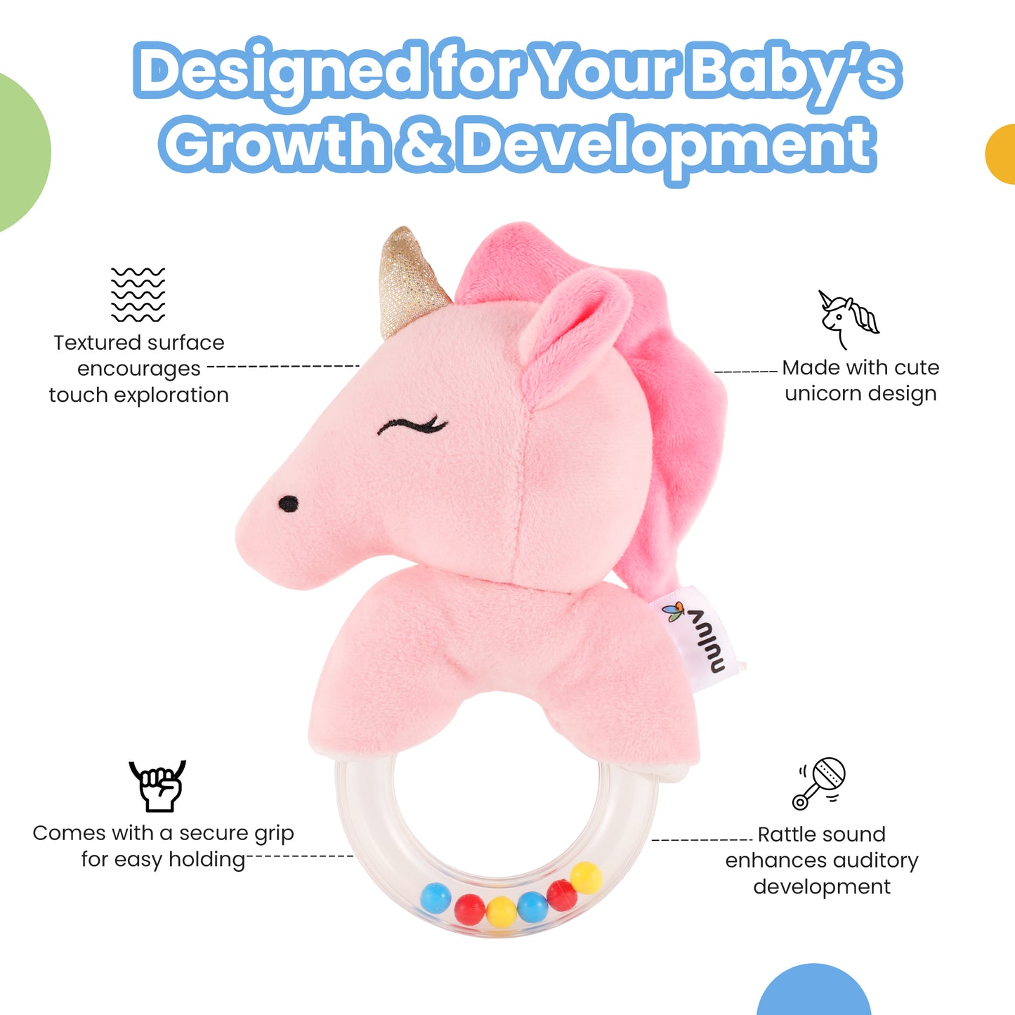 Nuluv Unicorn Ring Rattle Toy for Babies Soft Plush Sensory