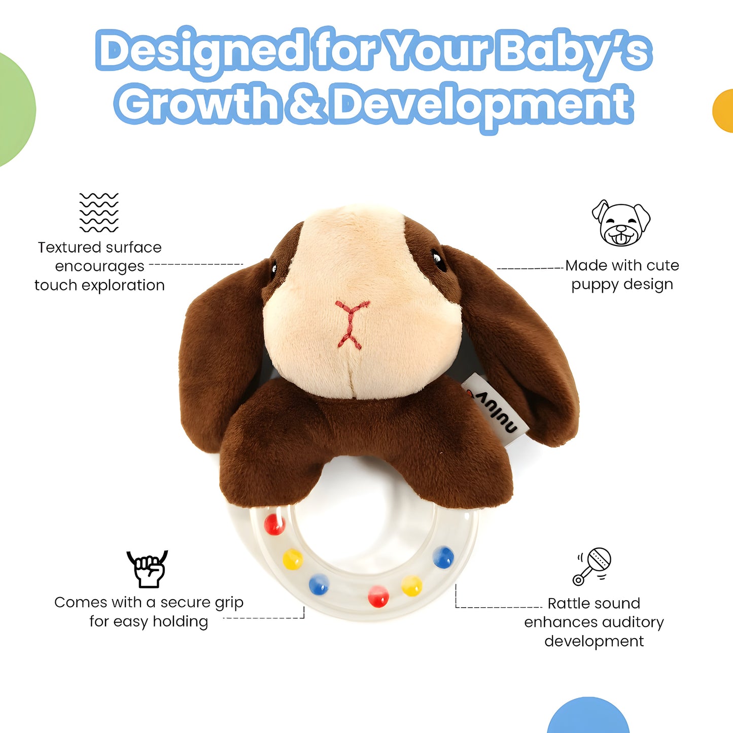 Puppy Rattle Plus Toy, Soft, Colorful Sensory Fun For 3+ Months